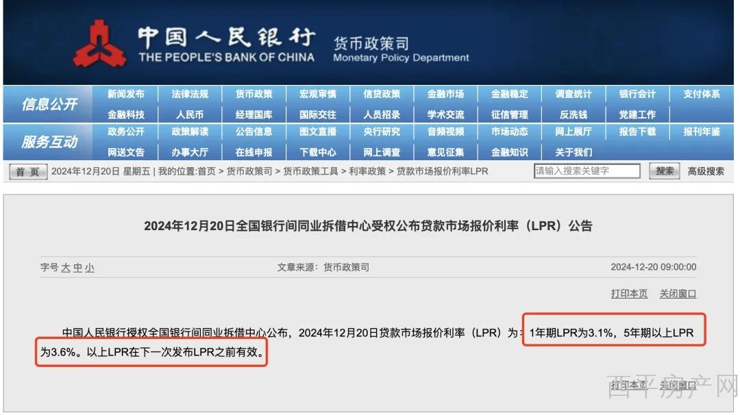 2024年12月20日央行公布最新LPR！